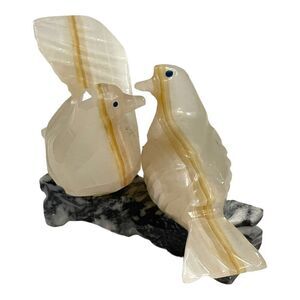 Hand-Carved Onyx Love Birds Doves Stone Carved Sculpture On Marble Base Vintage